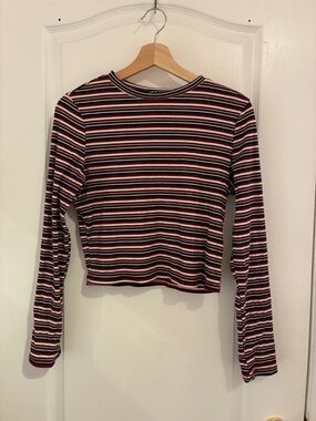 Striped Long-Sleeve Crop Top - Burgundy/Black/White